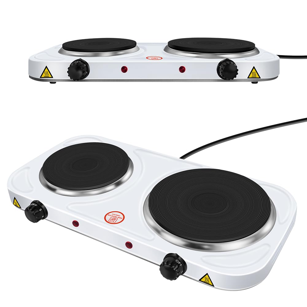 1000W & 1500W Portable Hot Plate Hob Electric Stove Electric Double Burner with 5 Adjustable Temperature Levels, Heating Plate for Kitchen Camping RV, Coal Burner & More, Easy Clean