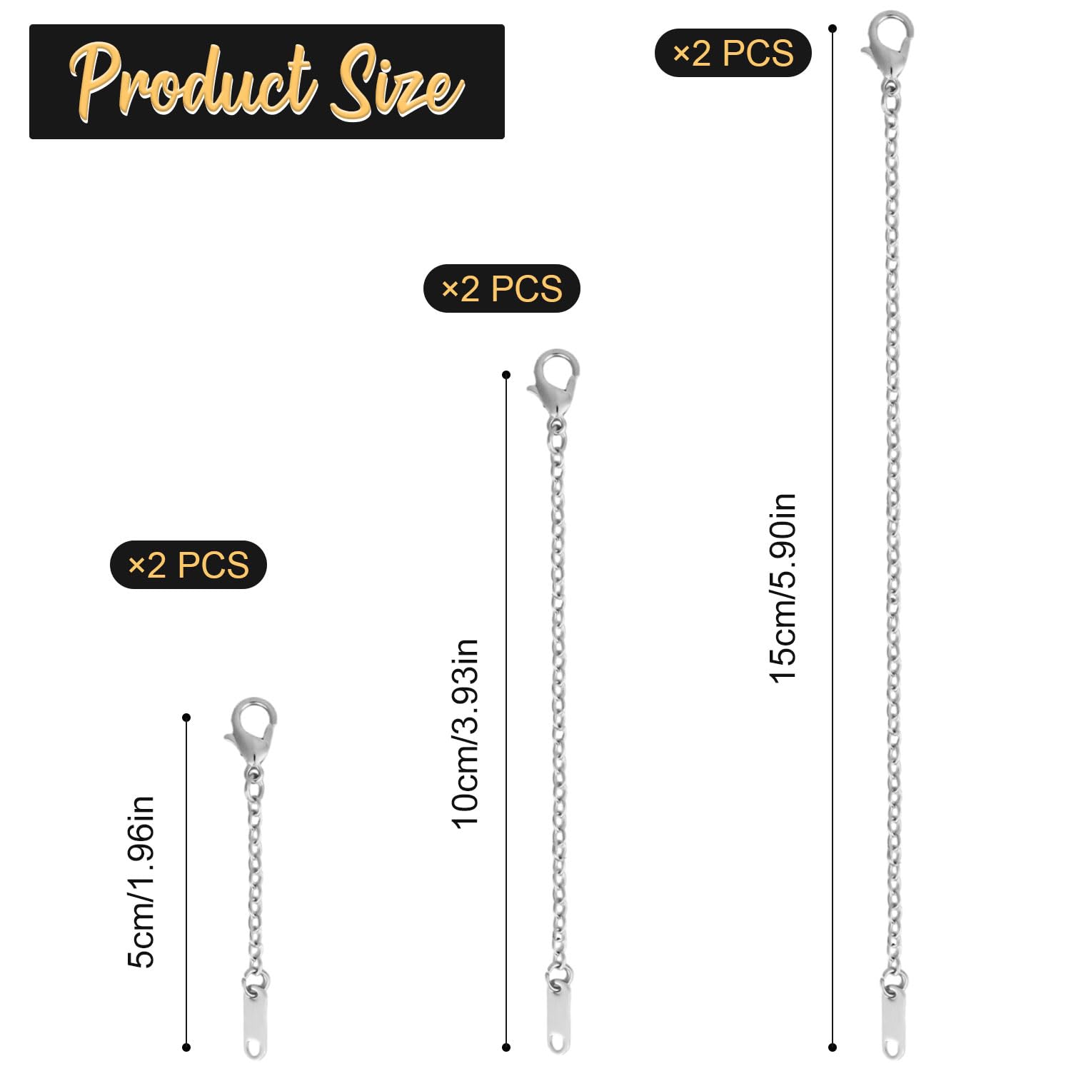 6pcs Necklace Extender Chains, 2in 4in 6in Necklace Extenders with Lobster Clasp, Alloy Extender Chains Set for DIY Jewelry Crafts Necklace Bracelet Anklet (Silver)