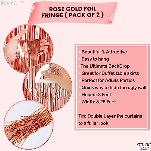 Xtra Large, Rose Gold Fringe Curtain - 3.2 x 10 Feet | Pack of 2, Rose Gold Backdrop Curtain | Rose Gold Streamers Party Decorations | Rose Gold Metallic Tinsel Foil Fringe Curtains for Birthday Part