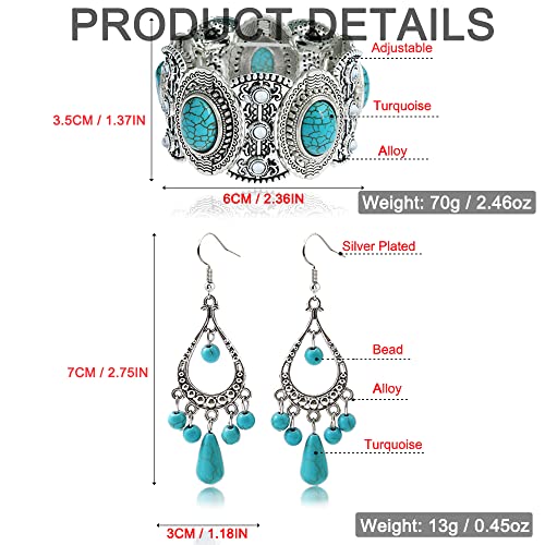 5Pcs Bohemian Turquoise Jewelry Set, Western Jewelry for Women Turquoise Pendant Long Choker Vintage Turquoise Dangle Earrings Faux Leather Layered Bracelets Boho Waist Chain Belt by Bluegoog - Used condition - Image 4