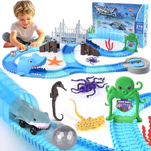 Pista Coches Niños 3 Años, Diealles Shine 217 Piezas Circuito Coches Juguete, Flexible Pista Cars con Tema Marino, Circuito Cars para Niños Regalos Cumpleaños
