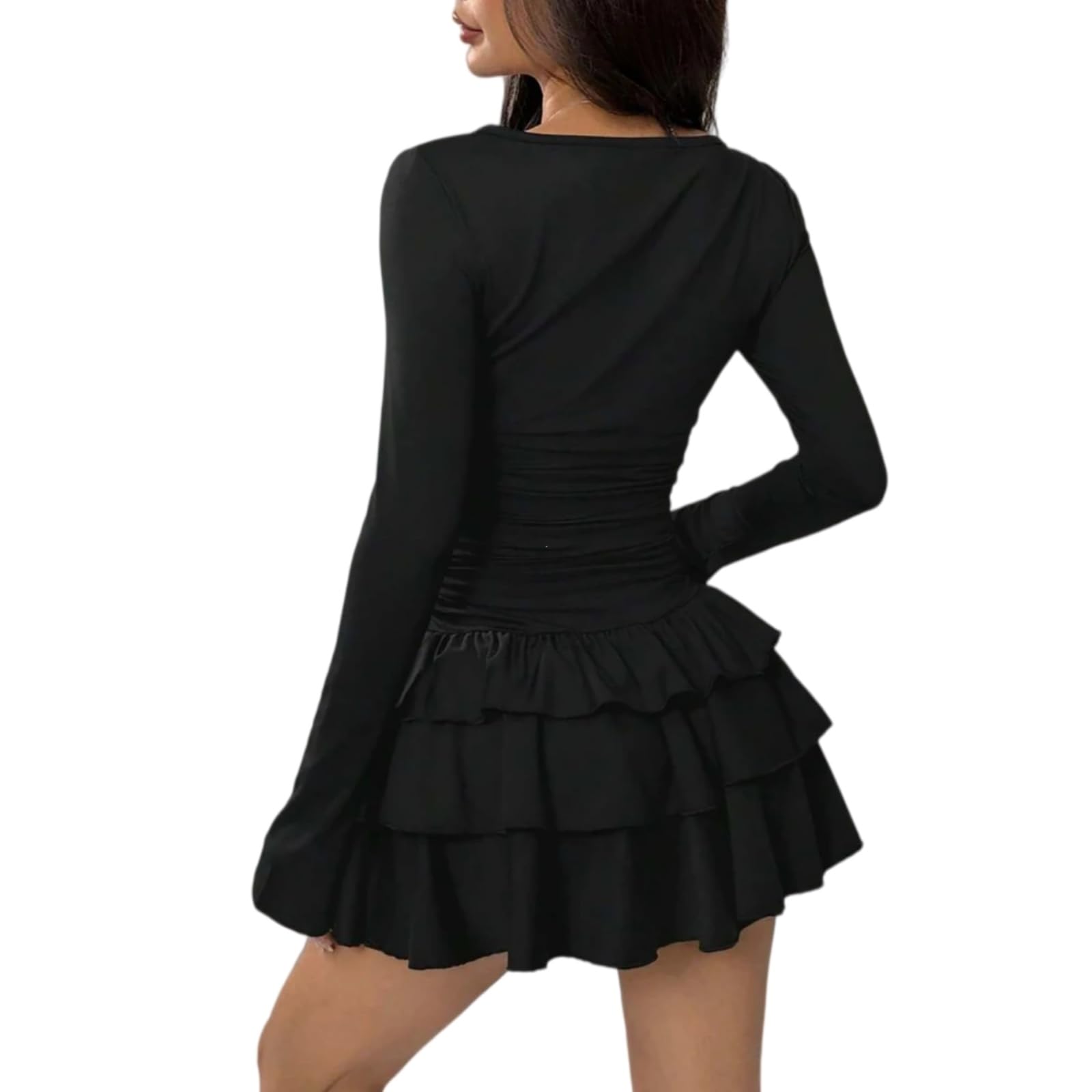 Vestito Donne Elegante Mini Abito, Slim Fit Alta Vita Ruffle Abito con Manica Flare, Bodycon Party Dress Autunno Inverno-Coffee-m