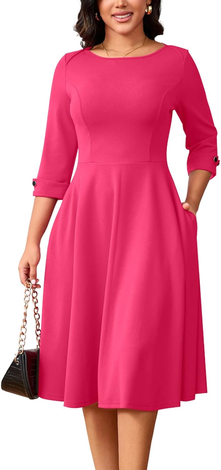 Work Dresses for Women Fit and Flare 3/4 Sleeve A-Line Silhouette Elegant Business Church Party Midi Dress with Pockets - Image 4