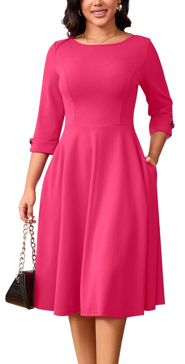 Rose Work Dresses for Women Fit and Flare 3/4 Sleeve Scoop Neck A-Line Silhouette Elegant Business Office Church Cocktail Party Midi Dress with Pockets,672 Rose_Medium by ZonJie - Used condition - Image 4