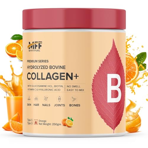 Image of MyFitFuel Hydrolyzed Bovine Collagen (250gm, Orange) with Biotin, Hyaluronic Acid, Zinc, Vitamin C & Glucosamine | For Skin, Hair, Nails & Joints
