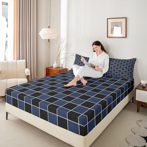 Image of Erosebridal Navy Blue Checkered Bedding Set Full Black and Blue Buffalo Plaid Bed Sheets Geometric Gingham Sheet Set Kids Boys Girls,Modern Grids Fitted Top Sheets 4 Piece