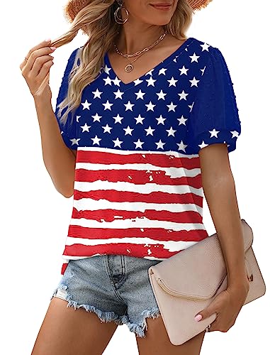 Image of Aokosor Womens Summer Tops V Neck T Shirts Swiss Dot Puff Sleeve Tops Loose Casual Tshirts
