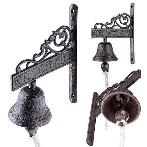 KADAX Campana de jardín de hierro fundido con cordón – Decoración de pared de estilo rústico para puerta exterior, timbre montado en la pared (marrón)