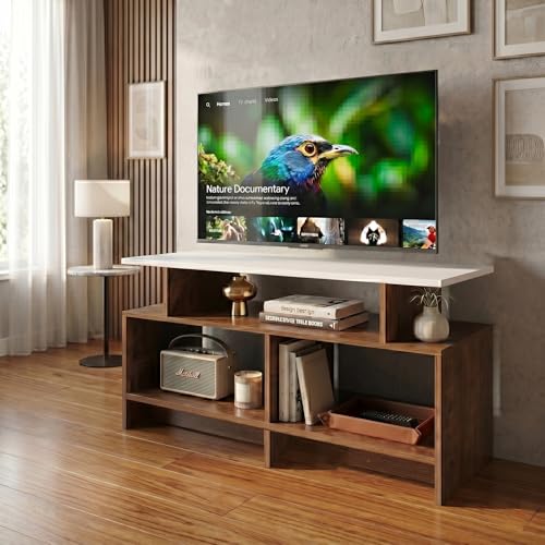Image of Alpine Willow TV Stand Wooden (DIY Assembly) | TV Stand Table for 32-50 Inch TVs | TV Unit for Living Room | TV Entertainment Unit | TV Cabinet with Storage -110x30x57 cm (Walnut)