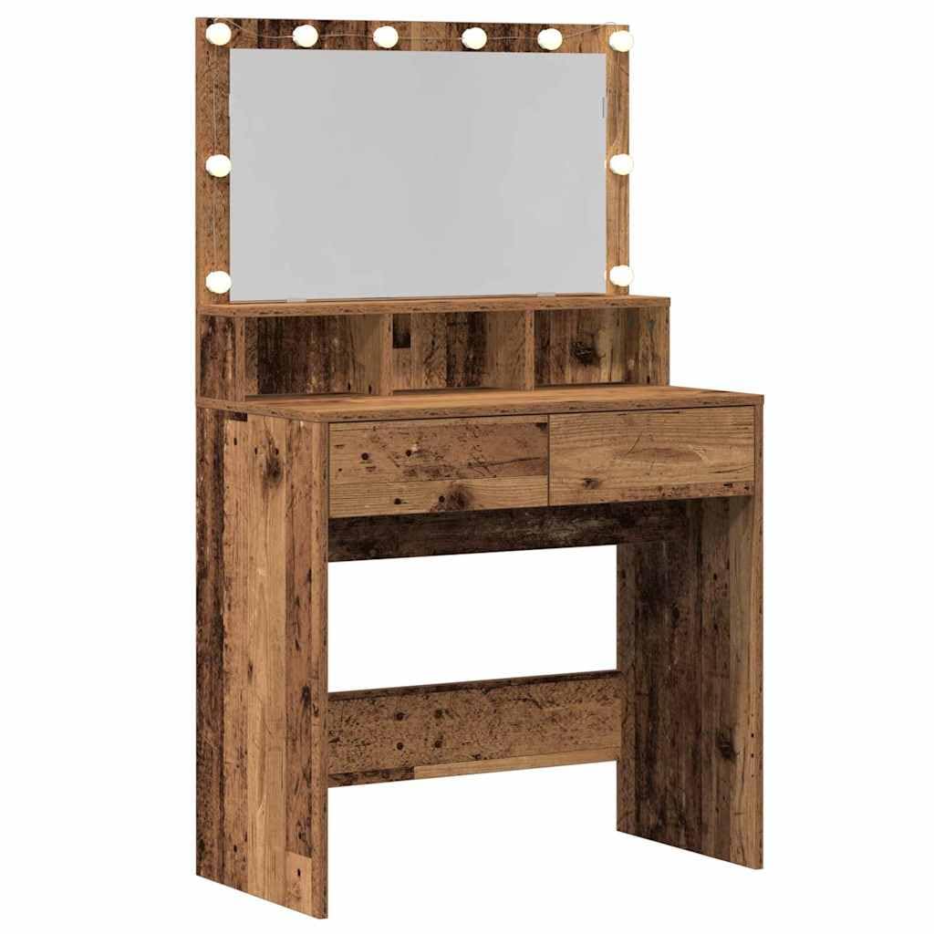 Tavolo da trucco in legno ingegnerizzato legno vecchio con specchiera e luci LED USB 80 x 41 x 134,5 cm, 2 cassetti ampio spazio, mobiletto consolle per camera da letto donna ragazza