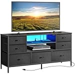 Huuger Dresser for Bedroom with Power Outlets and LED Lights, 7 Drawers TV Stand Dresser for 55 Inch TV, 47 Inches TV Console with Open Shelf, Wide Black Dresser, PU Leather, for Bedroom