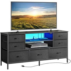 Huuger Dresser for Bedroom with Power Outlets and LED Lights, 7 Drawers TV Stand Dresser for 55 Inch TV, 47 Inches TV Console with Open Shelf, Wide Black Dresser, PU Leather, for Bedroom