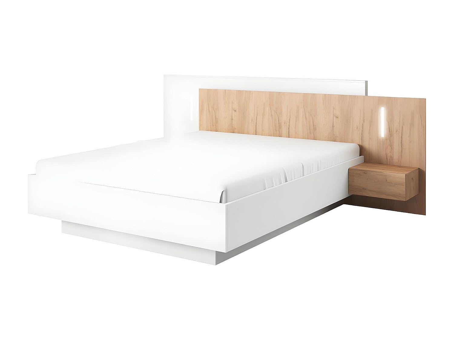 Vente-unique - Lit avec chevets 160 x 200 cm - 2 tiroirs - avec LEDs - Coloris : Blanc et Naturel - FRANCOLI