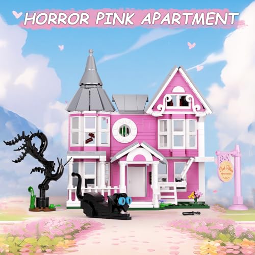 Image of Pink Palace House Building Set, Halloween Mansion Model Toys Kit, Haunted House Building Blocks, Compatible with Lego, Horror Architecture for Kids Adults, Christmas or Holiday (566PCS)