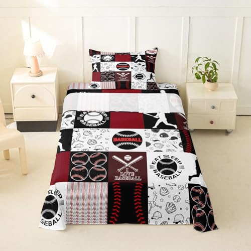 Image of Castle Fairy Baseball Bed Sheet Set Twin Size,Sports Geometric Grid Red Sheet Set Kids Teens,Patchwork Baseball Bedding Decor Set with 1 Flat & 1 Fitted Sheet with 1 Pillow Sham