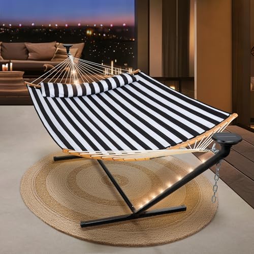 Image of SUNCREAT Double Outdoor Hammock with 12 ft Stand, Black & White
