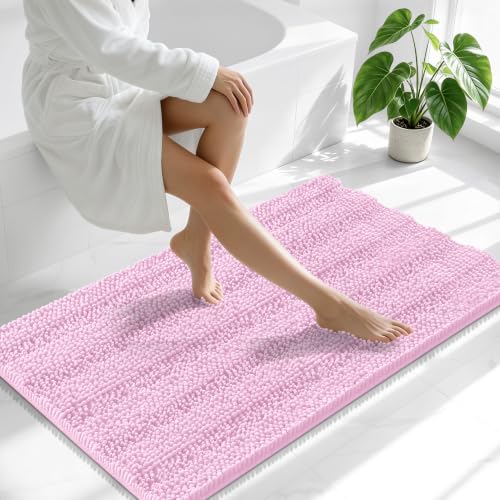 Image of Smiry Thick Chenille Bathroom Runner Rugs 44x24, Extra Absorbent Striped Bath Mat, Machine Washable, Rubber Backing, Long Bath Rugs for Bathroom, Tub & Shower, Home Decor Accessories, Pink