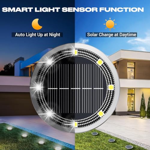 Image of XERGY Outdoor Mini Solar Powered Ground Lights, Flat Disc Light, IP68 Waterproof, Anti-Rust, Landscape Lighting for Pathway, Garden, Lawn Walkway, Driveway Cool White (Pack of 4)