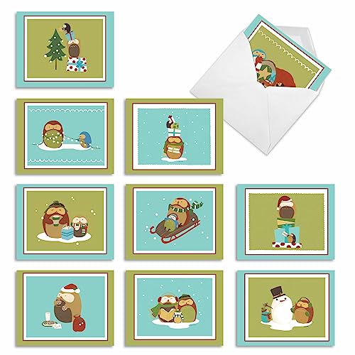 Image of The Best Card Company - 10 Blank Animal Christmas Note Cards - Assorted Bulk Holiday Cards for Men and Women, Fun Wildlife (4 x 5.12 Inch) - Holiday Hoots M2989XSB