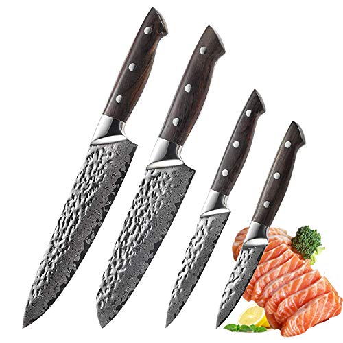 Japanese Knife Set Damascus Kitchen Knife Set 4pcs, Chef Santoku