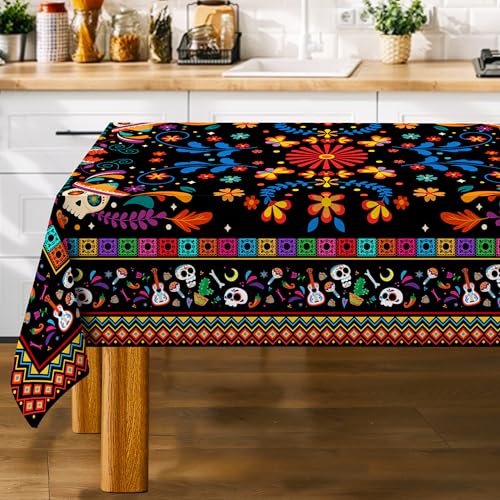 Unibyby Mexican Tablecloth Rectangle 60 x 84 Inch Cinco De Mayo Flower Skull Table Cloth Fiesta Indoor Decorations for Dining Room Party