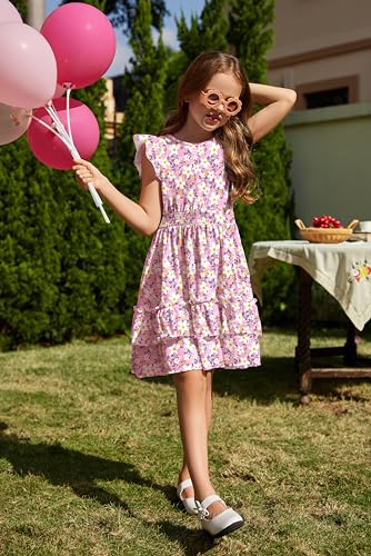 Image of Arshiner Girls Dresses Flutter Sleeve A-Line Sundress Casual Summer Tiered Swing Midi Pocket Dress