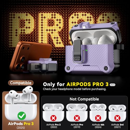 Image of Inesore for AirPods Pro 3 Case with Secure Lock (Purple) | Phone Stand Design,Compatible with MagSafe,Automatic Snap Switch Secure Cover Carbon Fiber Texture with Cleaner Kit