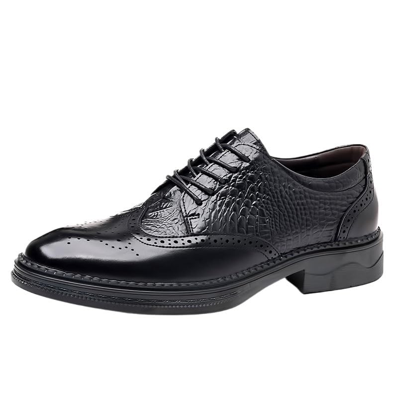 Men's Genuine Leather Lace-Up Oxford Shoes, Black Slip-On Dress Shoes for Office, Wedding, and Formal Occasions