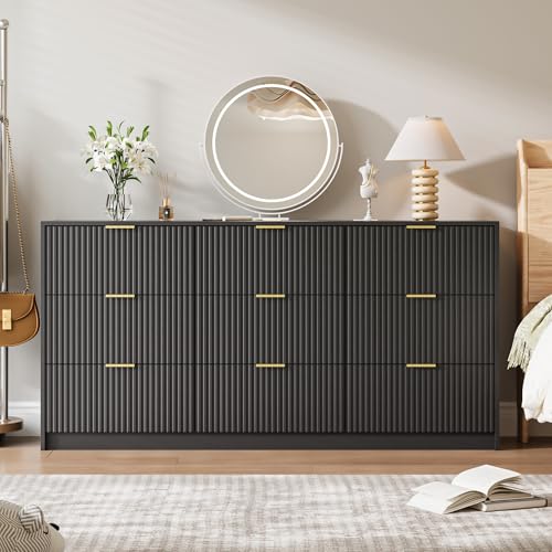 Image of MAISONARIA Black 9 Drawer Dresser for Bedroom, 63 inch Wide Modern Fluted Dresser with Gold Metal Handles, Chest of Drawers for Bedroom, Living Room, Entryway, Hallway