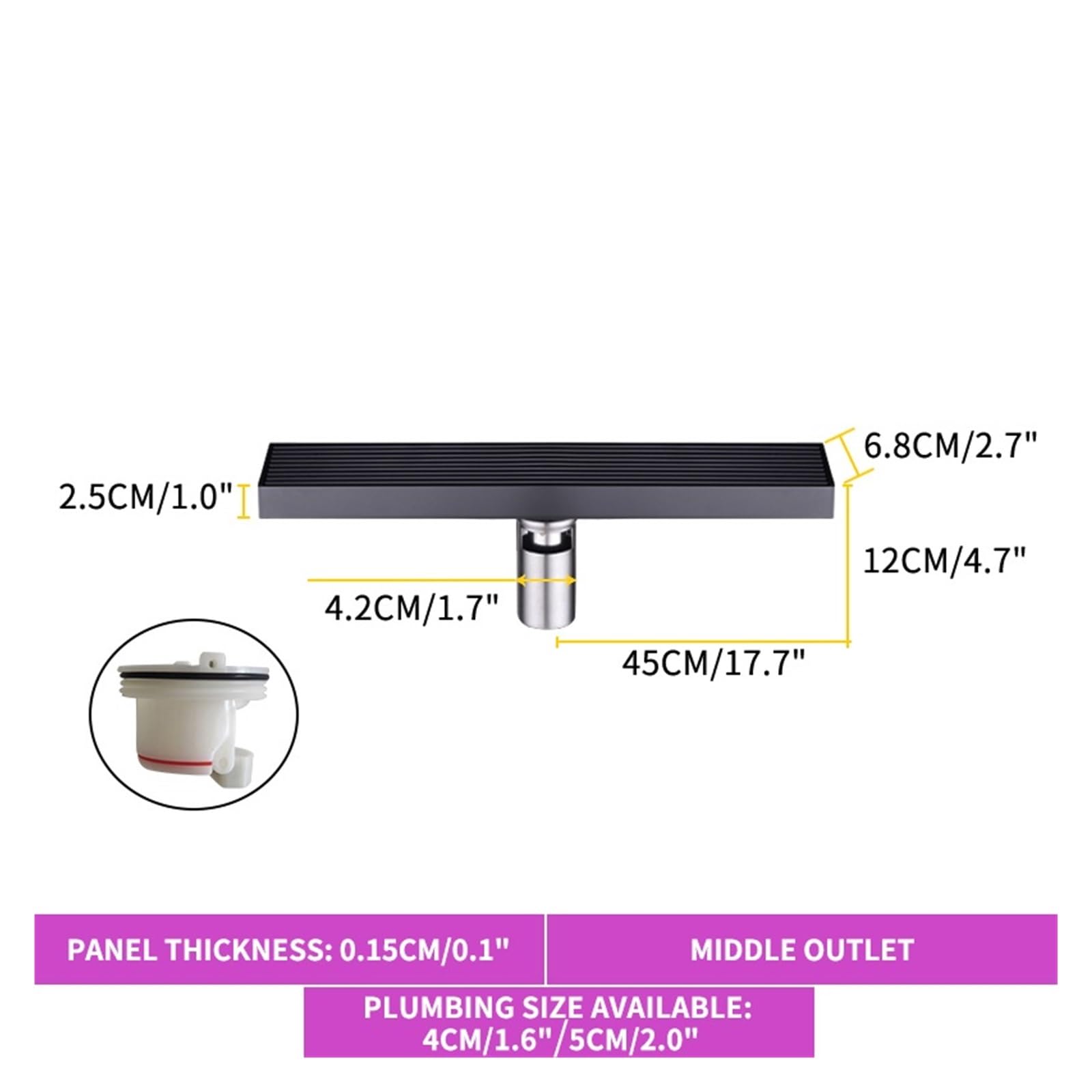 Drenaje De Piso 30-120CM Drenaje De Filtro De Residuos Cuadrado Acero Inoxidable | Desagüe de suelo de oro cepillado, drenaje de filtro de residuos cuadrado de 30-120CM, acero inoxidable(Black-M,1pcs-40cm)