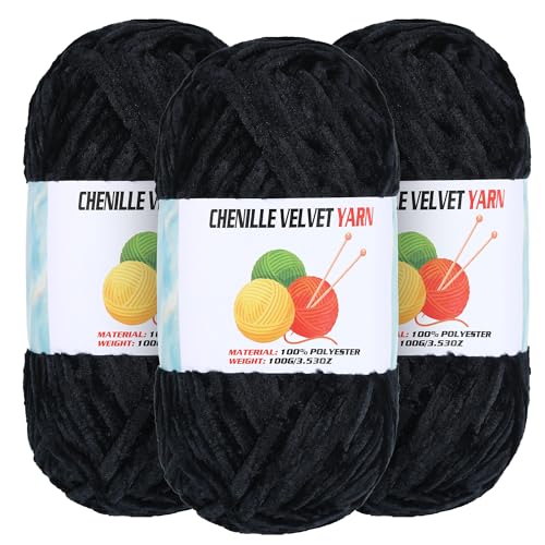 Image of 3 * 100g Velvet Chenille Chunky Yarn for Crocheting, Handcrafts Weaving Soft Chenille Yarn for Crocheting Clearance, Used for Making Baby Yarns Blanket, Clothes, Knitting Creations (Black)