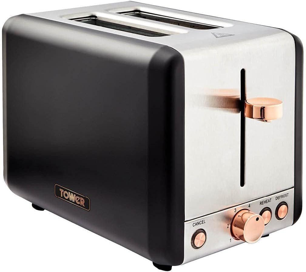 Tower T20036RG Cavaletto 2-Slice Toaster with Defrost/Reheat, Stainless Steel, 850W, Black and Rose Gold