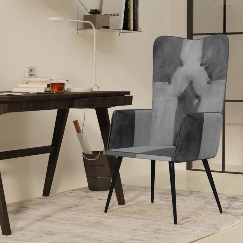 Sillón Orejero de Cuero Auténtico Gris, Silla de Descanso con Asiento Acolchado y Respaldo Suave, Patas de Hierro Estables para Sala de Estar o Dormitorio, Diseño Ergonómico