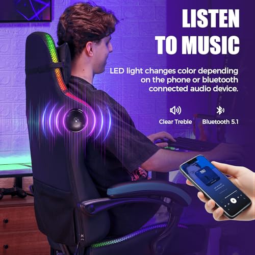 Image of GTPLAYER RGB Gaming Chair with Speakers - LED Computer Game Chair for Adults, PC Home Office Chairs with Footrest & Lights, Reclining Desk Chairs, Blue