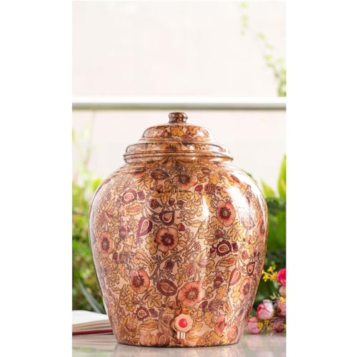 Image of Indian Art Villa Printed Flower Design Copper Water Dispenser Pot Matka, Storage, Home Kitchen Garden, 13 LTR