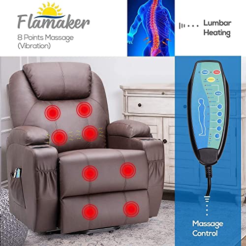 Flamaker Power Lift Recliner Chair Pu Leather For Elderly With Massage And Heating Ergonomic Lounge Chair For Living Room Classic Single Sofa With 2 Cup Holders Side Pockets Home Theater Seat (Brown) #TOP1