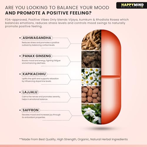 Image of HappyMind Botanicals Positive Vibes Only | Ayurvedic Mood Enhancer Supplement for Women & Men | Controls Mood Swings, Balances Emotions & Hormones | Ashwagandha, Ginseng, Kapikachu | 60 Vegan Tablets