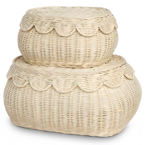 Image of BEBE BASK The Original Scalloped Basket Set Of 2 – Small Scallop Basket - 15 x 11 x 6 In - Hand-Woven & Award-Winning - Elegant Wicker With Scalloped Edge Lid - Nursery Storage - (Natural)