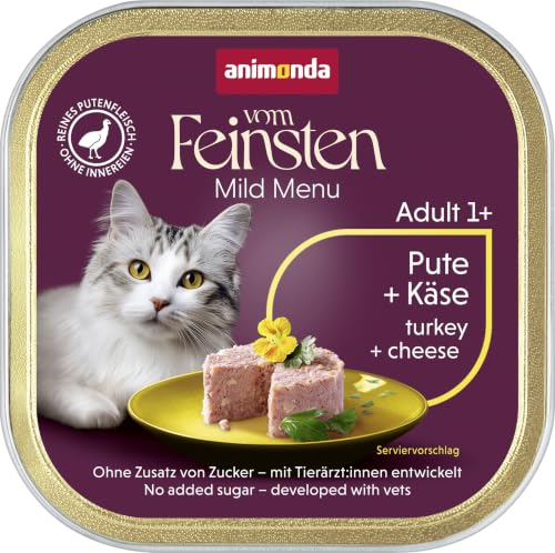 animonda Vom Feinsten Adult Mildes Menü Pute + Käse (32 x 100 g), Nassfutter für sensible Katzen, Katzenfutter ohne Getreide und Zucker, leicht verdauliches Futter mit Putenfleisch