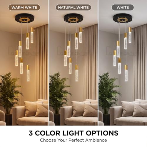 Image of Lamp master Bubbleora 6-Light Crystal Bubble LED Pendant Light, Modern Hanging Ceiling Light with 3 Color Options, Antique Gold Finish, Adjustable Height for Living Room, Bedroom & Dining Room