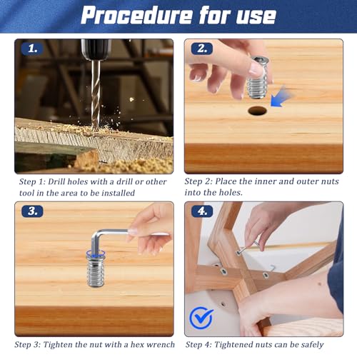 100 Stück Einschraubmutter M6x20mm, Gewindeeinsatz Holz, Einschraubmuffen, Gewindeeinsätze aus Verzinktem Stahl, Einschraubhülse, Innensechskant Gewindehülsen für Holzmöbel