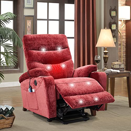 Electric Power Lift Recliner Chair, Vibration Massage Heated Chair For Elderly, Fabric Single Chair With 2 Side Pockets, Lounge Chair With 2 Cup Holders,1 Usb Charge Port For Living Room Red #TOP20