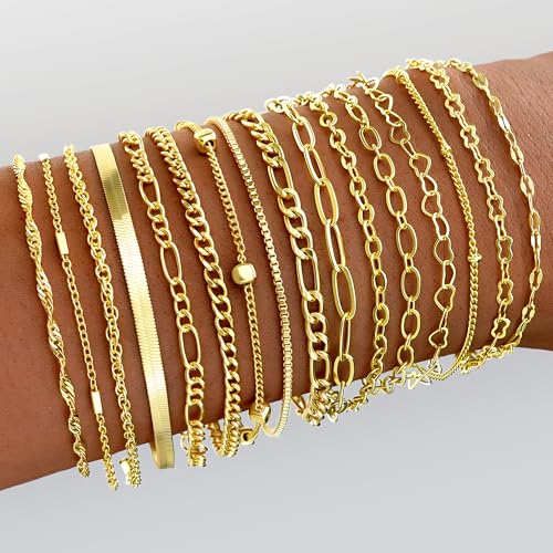 16 PCS Gold Bracelets for Women, Dainty Bracelets Set for Women Trendy, Gold Stackable Cuban Link Paperclip Chain Bracelet Pack Jewelry Gifts for Women ﻿2