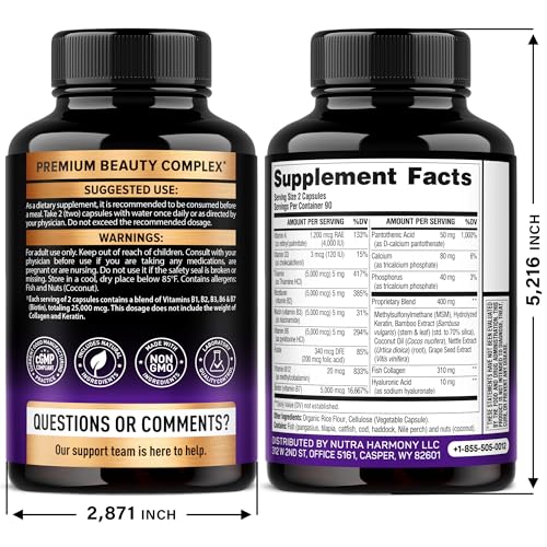 Image of Biotin | Collagen | Hyaluronic Acid | Keratin - Support Normal Hair Growth Cycle, Skin & Nails - Clinically Tested - 25000mcg Vitamins B1, B2, B3, B6 & B7 - for Women & Men - 180 Capsules