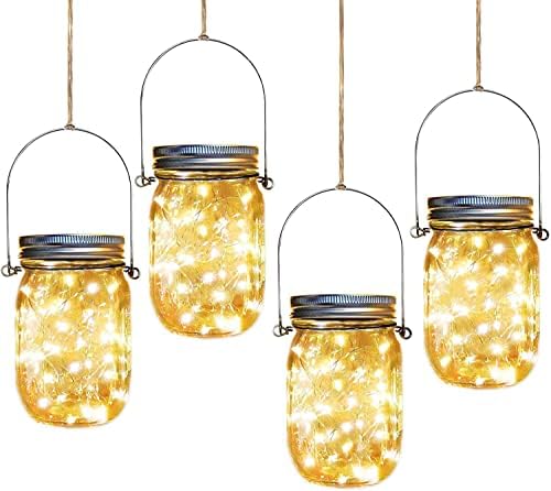 Aikeve Solar Mason Jar Lights,4 Pack 30 Led Starry Fairy String Hanging Jar Lights,Solar Lanterns for Outdoor Patio Party Garden Wedding Christmas Decorations Lights(Mason Jars/Handles Included)