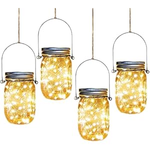 Solar Mason Jar Lights,4 Pack 30 Led Starry Fairy String Hanging Jar Lights,Solar Lanterns for Outdoor Patio Party Garden Wedding Christmas Decorations Lights(Mason Jars/Handles Included)