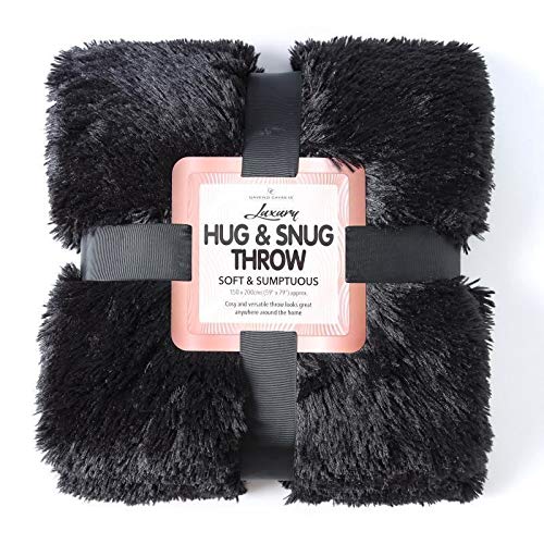 EXQUIZIT HOMELuxury Super Soft HUG & SNUG Fluffy Fur Throw Blanket Large Sofa Bed Warm Cosy Fleece Blanket Throw Double 150 Cm x 200 Cm Black Only