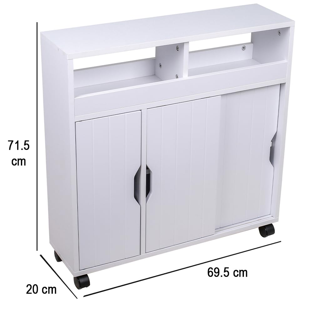 Shally Dogan Mobile da Bagno con 4 Ruote Girevoli a 360°, Carrellino Stretto con Ante Scorrevoli e Ripiani in Legno Bianco, Armadietto Carrello Slim Salvaspazio per Cucina, Sgabuzzino, Multiuso