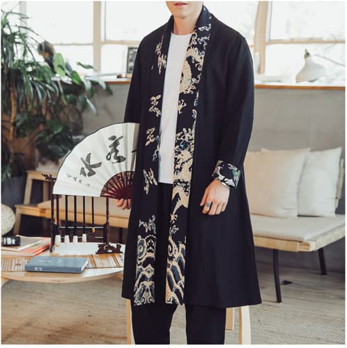 HZCX FASHION Mens Long Kimono Cardigan Open Front Print Cotton Linen Trench Coat2
