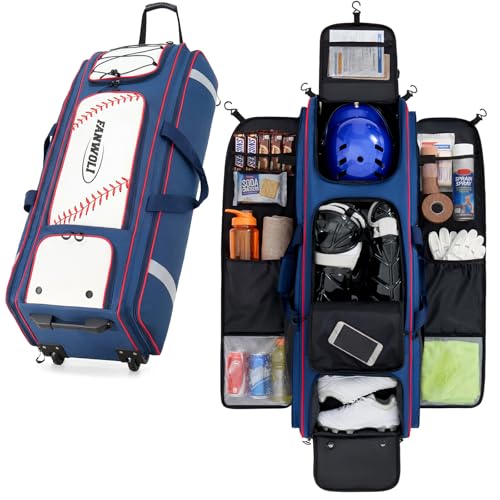Fanwoli 100L Rolling Catchers Gear Bag - Large Baseball & Softball Duffle with 5 Fence Hooks, Locker-Style Organizer, Holds 8 Bats, Vented Shoe Zone - Legacy Stitch Edition (Blue)